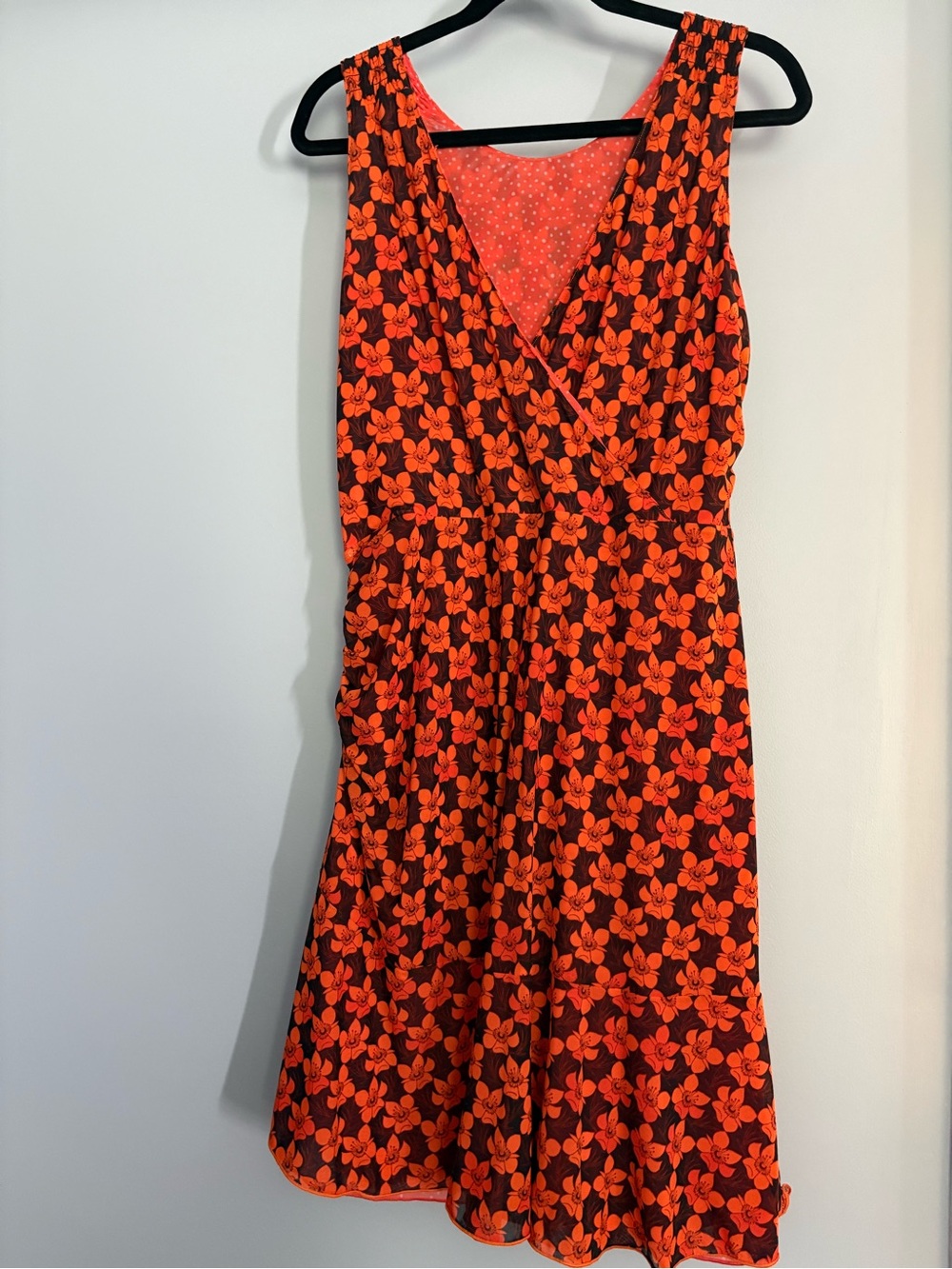 CAbi Orange and Black Floral Asymmetrical Faux Wrap Dress